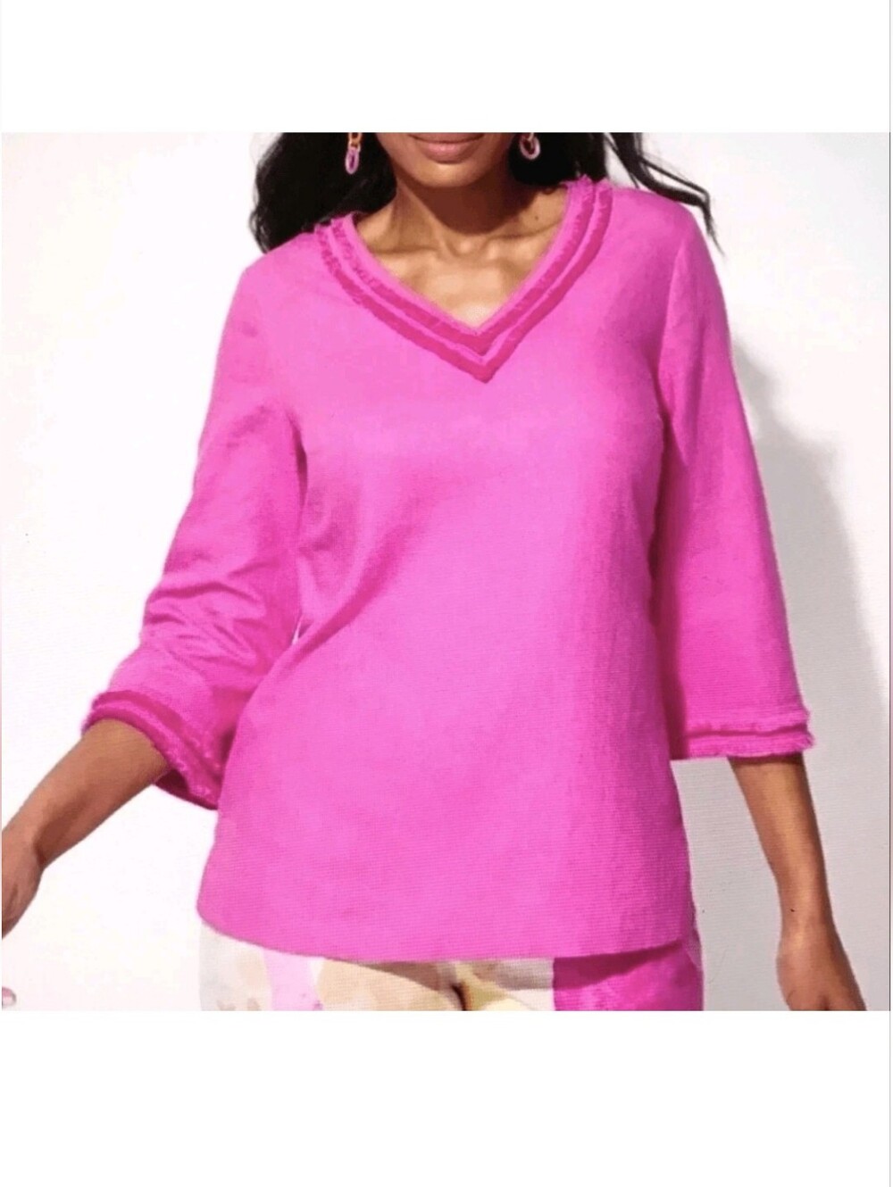 Chico's Linen Pink Fray/Fringe Trim Tunic Top Sz 3 US XL